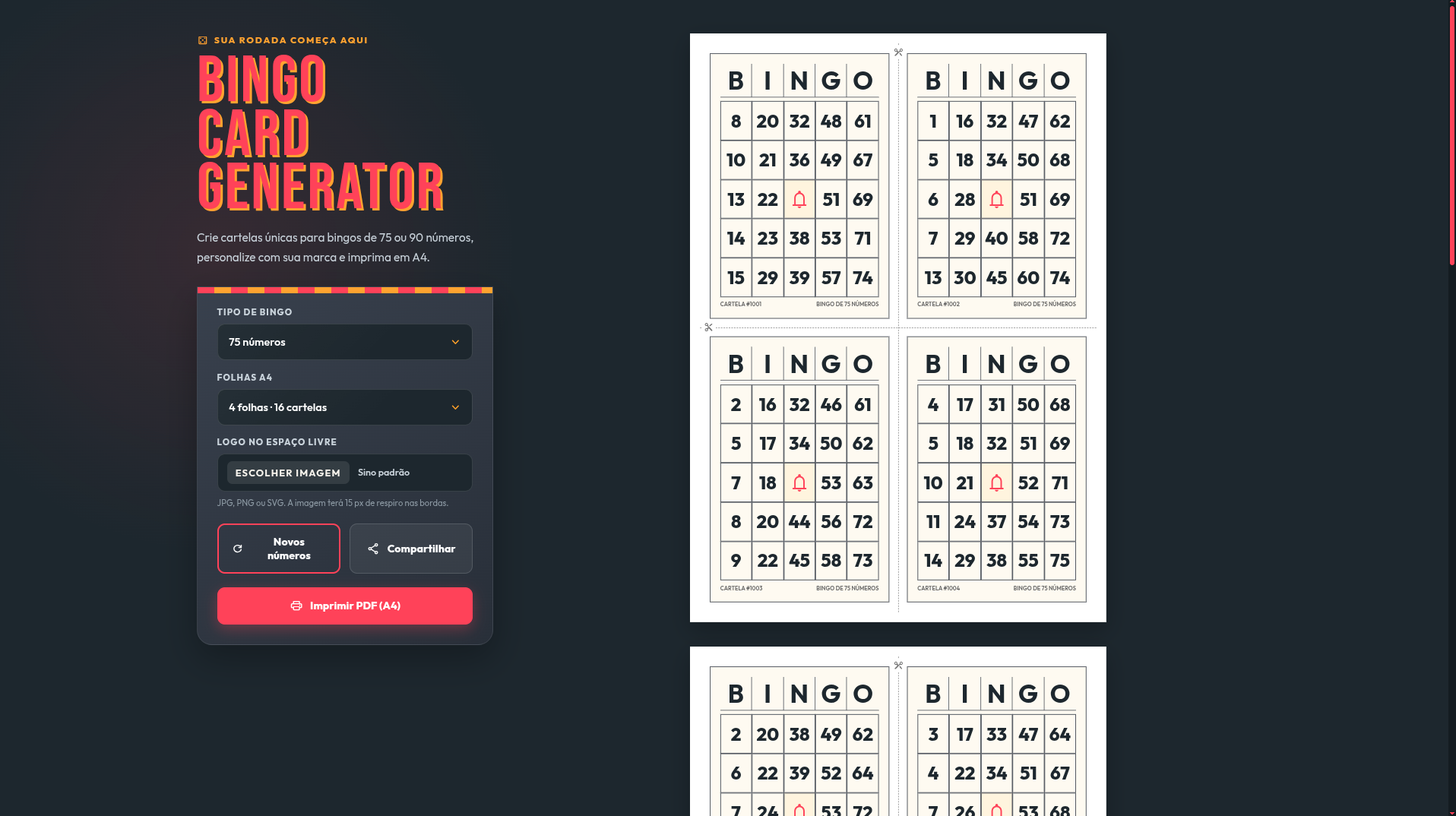 Interface responsiva do Bingo Card Generator com configuração e prévia das cartelas