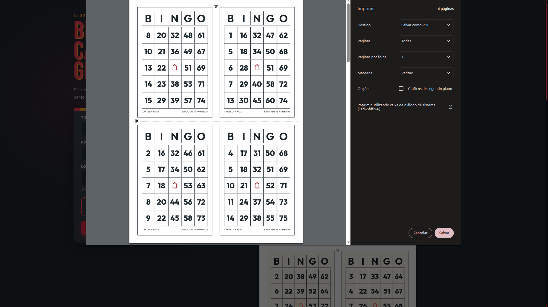 Pré-visualização do PDF gerado pelo Bingo Card Generator